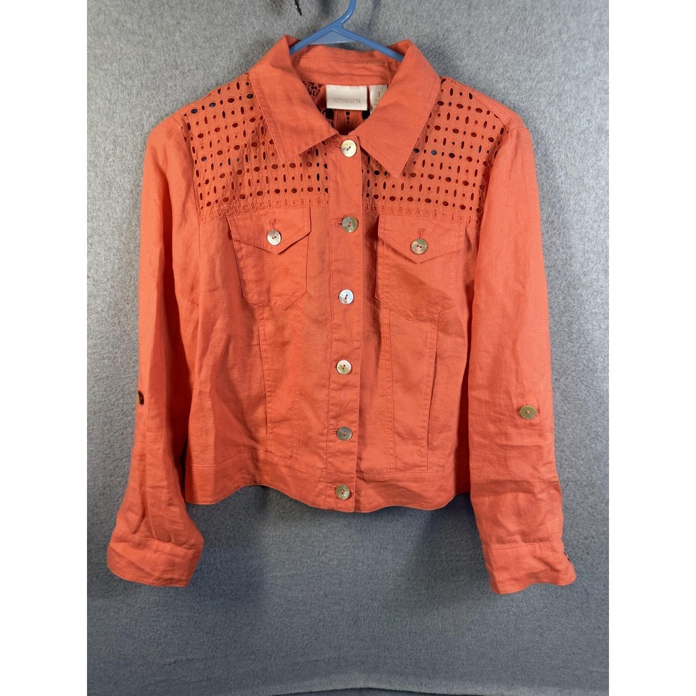 Chicos Jacket Womens M/8 Chicos 1 Orange Linen Lace Eyelet Button Front Crochet
